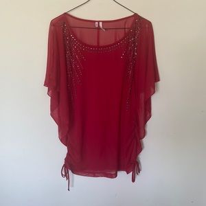 Studio Y large womens sheer red bejeweled top